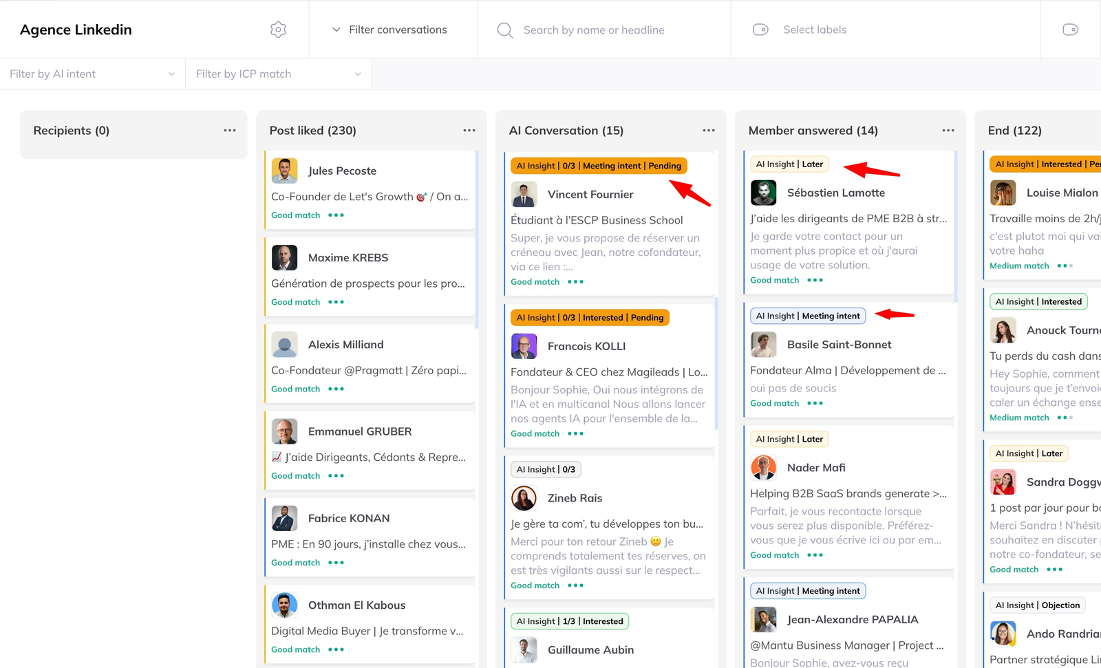 A pipeline of AI-handled conversations, each card carrying an intent label such as Meeting intent or Objection, with filters for AI intent and ICP match above.
