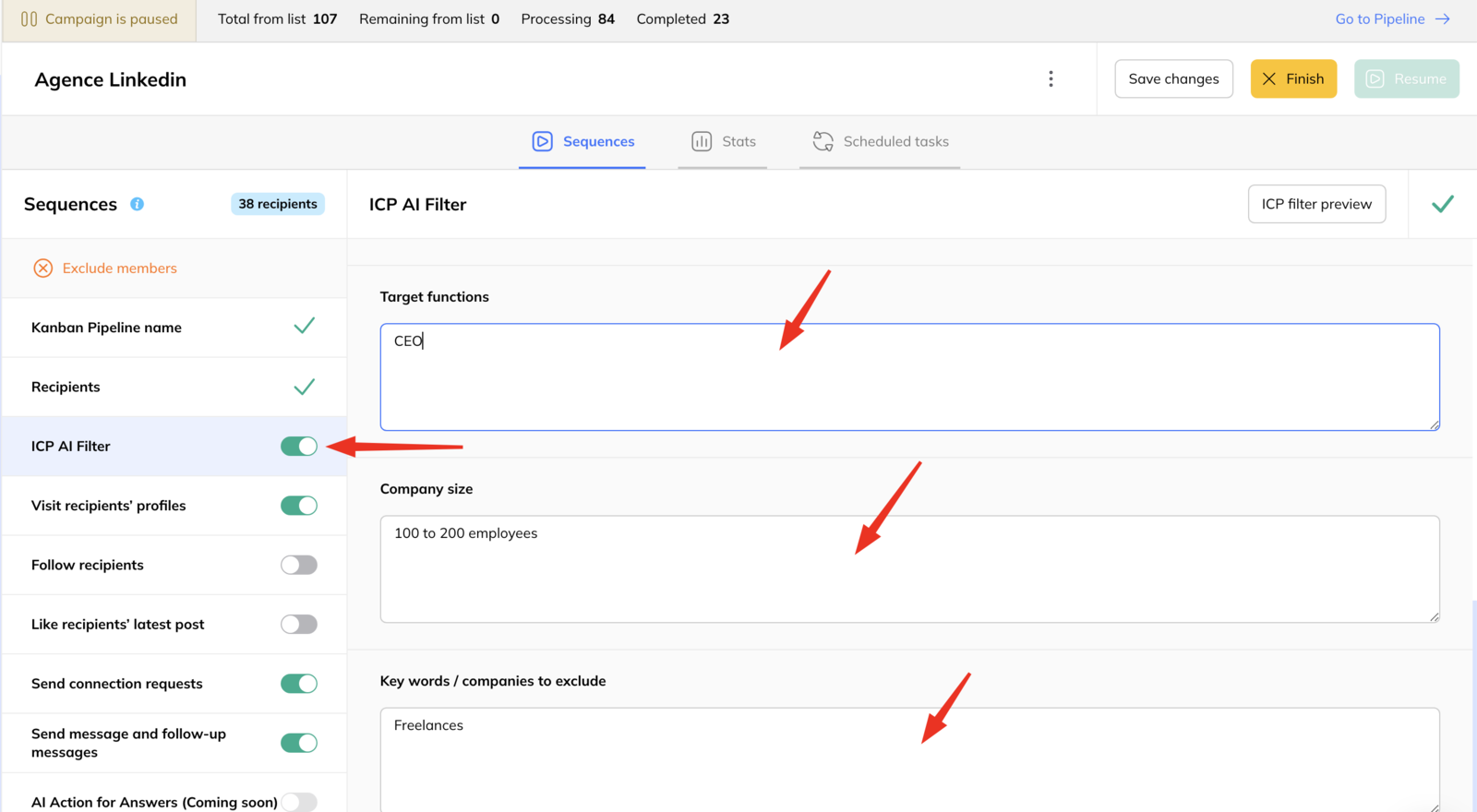 A campaign sequence editor with an ICP AI Filter toggle switched on, beside fields for target functions and company size.