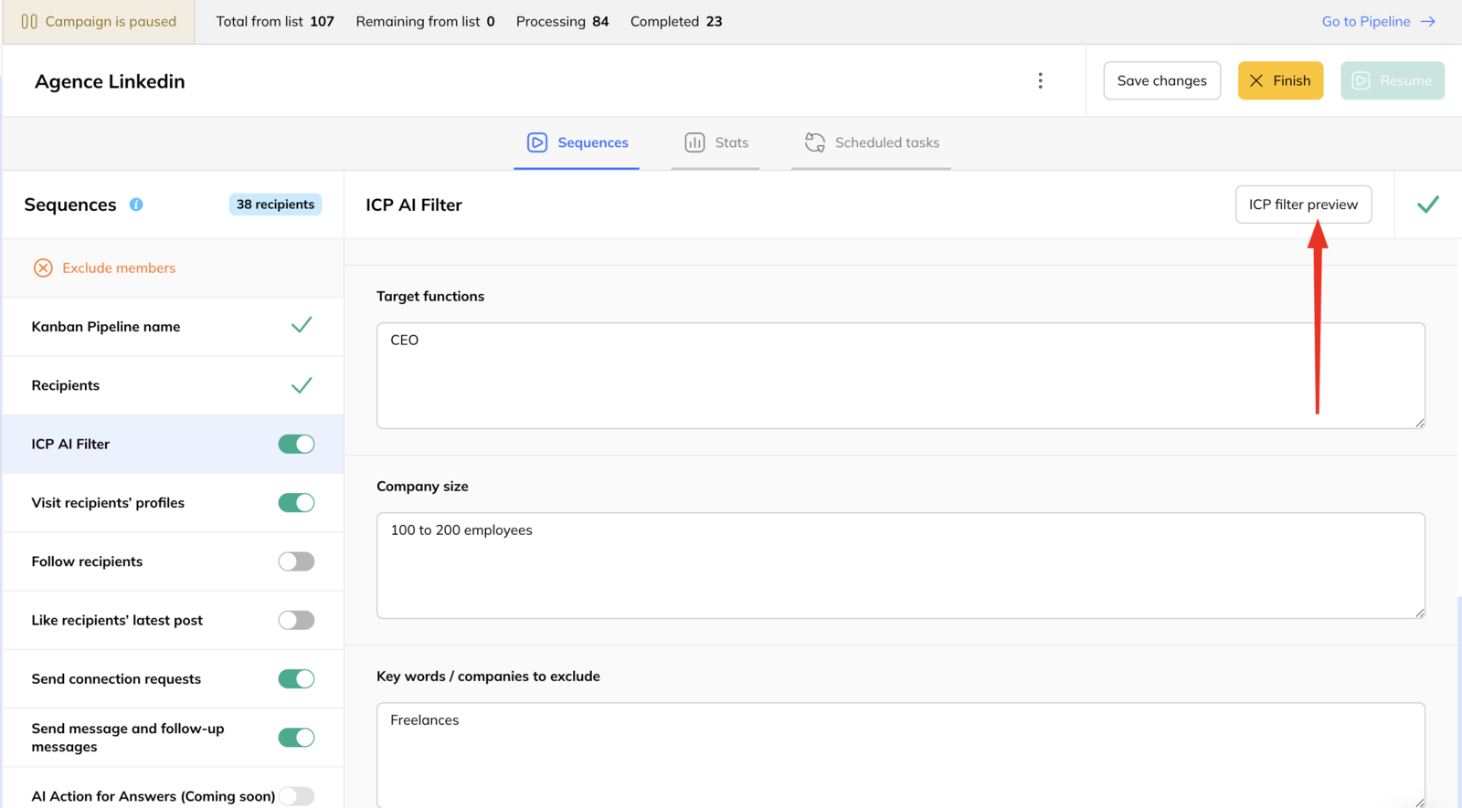 The same editor with target functions, company size and keywords to exclude filled in, and an ICP filter preview button.