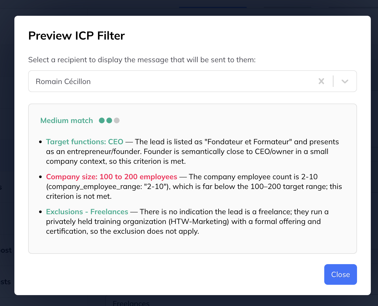 A Preview ICP Filter panel scoring one lead as a Medium match, with a written explanation of each criterion it met or missed.