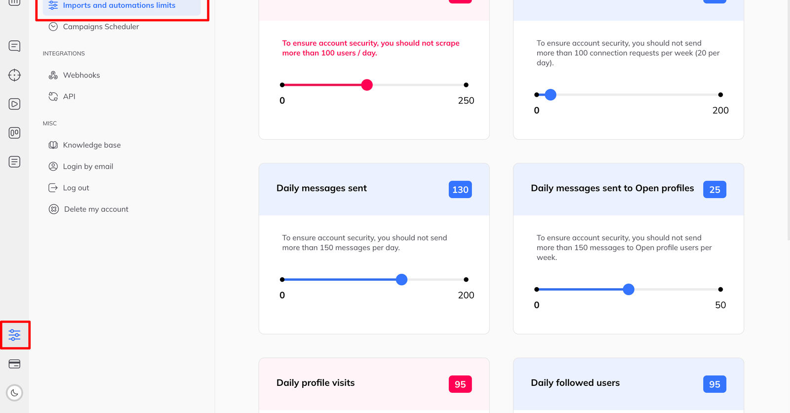 The limits settings showing sliders for daily LinkedIn imports, daily connection requests, daily messages sent, daily profile visits and daily followed users, each with its current value.