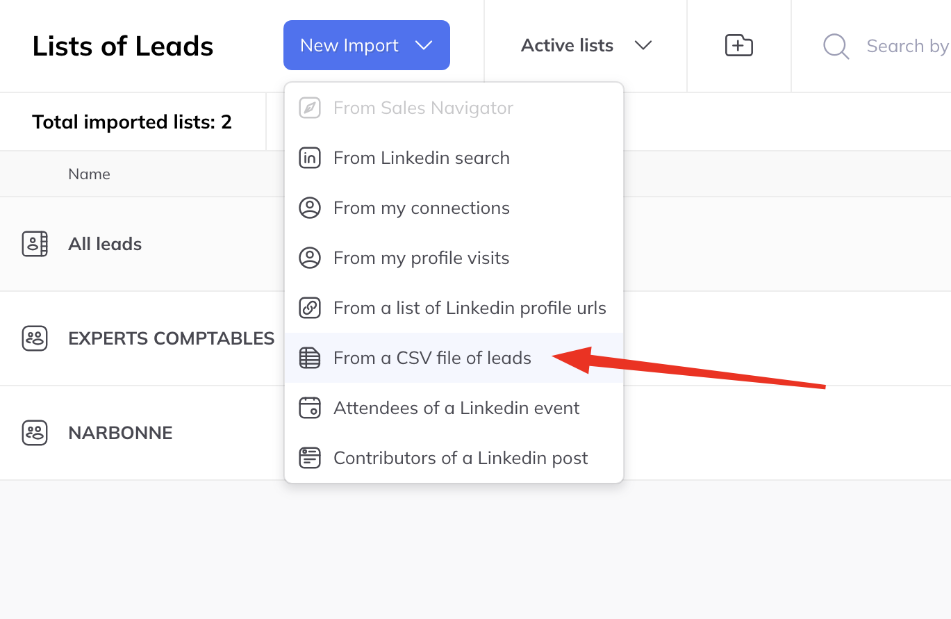 The Leads screen with a New Import menu open, listing sources including From a CSV file of leads.