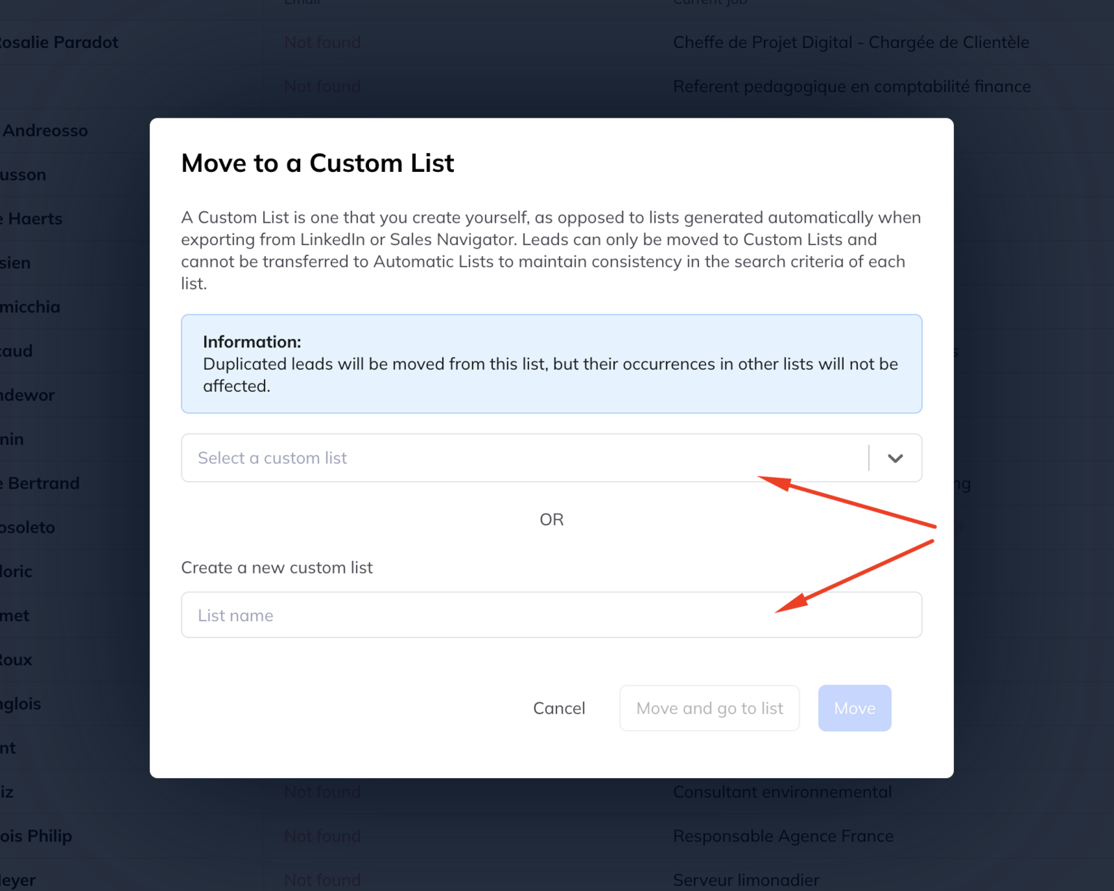 A dialog headed Move to a Custom List, explaining that duplicated leads are moved but their occurrences in other lists are unaffected, with a list selector and a field to create a new one.