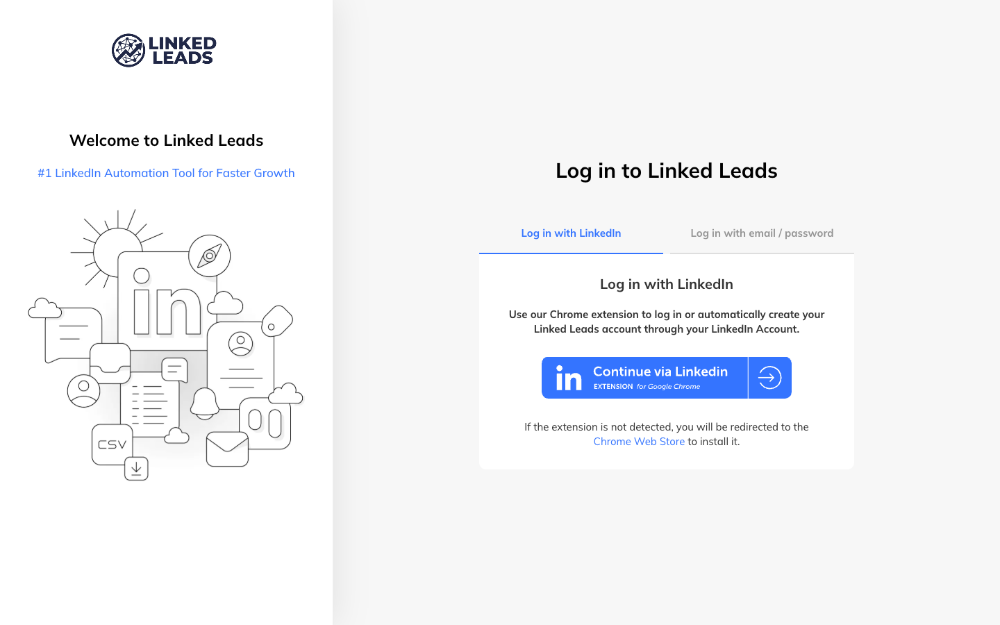 The LinkedLeads sign-in page on the Log in with LinkedIn tab, explaining that the Chrome extension is used to sign in or create an account, with a note that you will be sent to the Chrome Web Store if the extension is not detected.