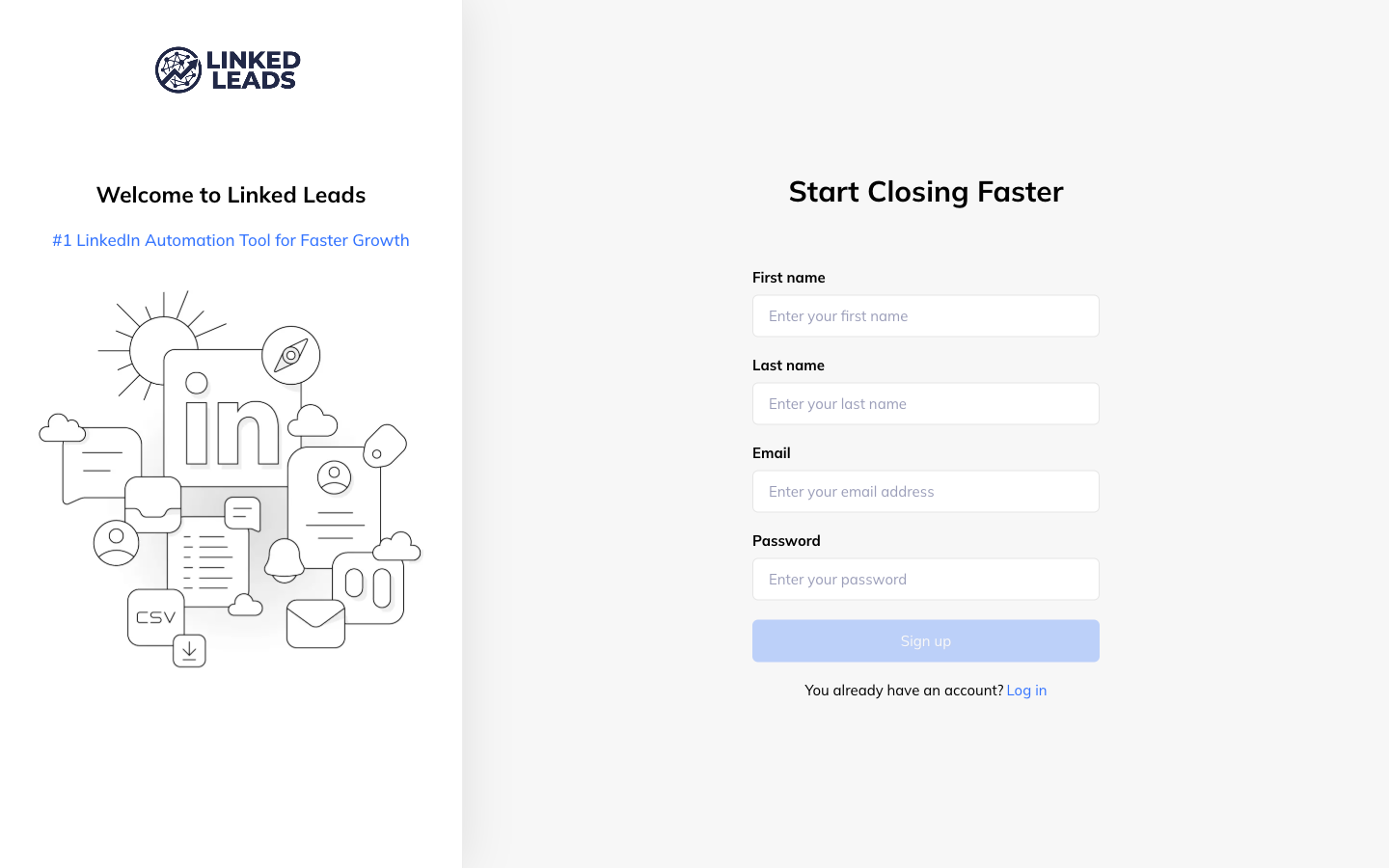 The LinkedLeads sign-up form with fields for first name, last name, email and password, and a link for people who already have an account.