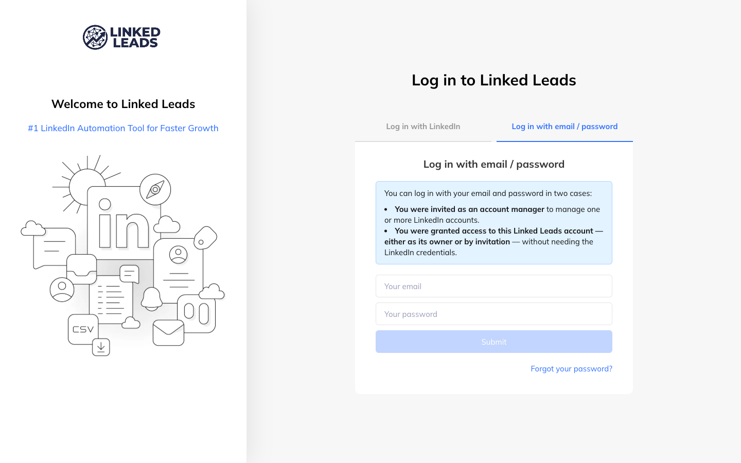 The sign-in page on the Log in with email / password tab, listing the two cases it applies to — invited as an account manager, or granted access to the account without needing the LinkedIn credentials — above email and password fields.