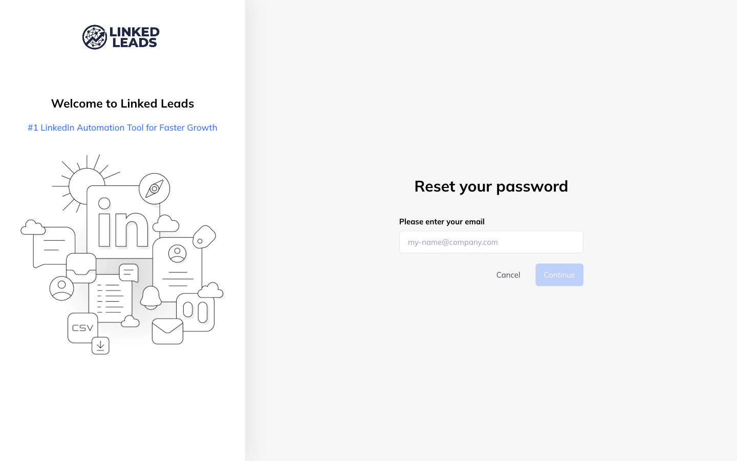 A Reset your password panel with a single email field and Cancel and Continue buttons.