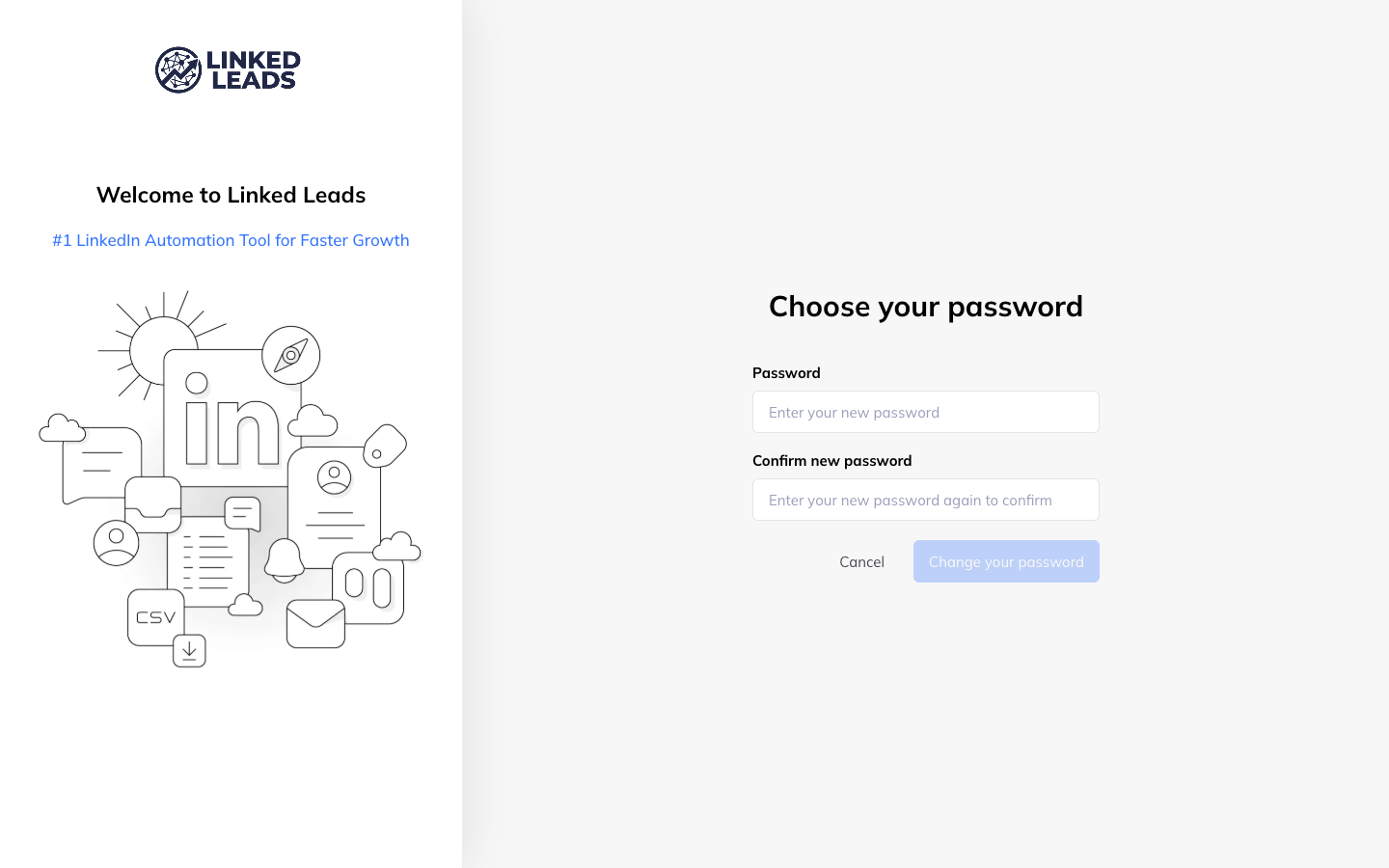 A Choose your password panel with a new password field and a confirmation field, and a Change your password button.