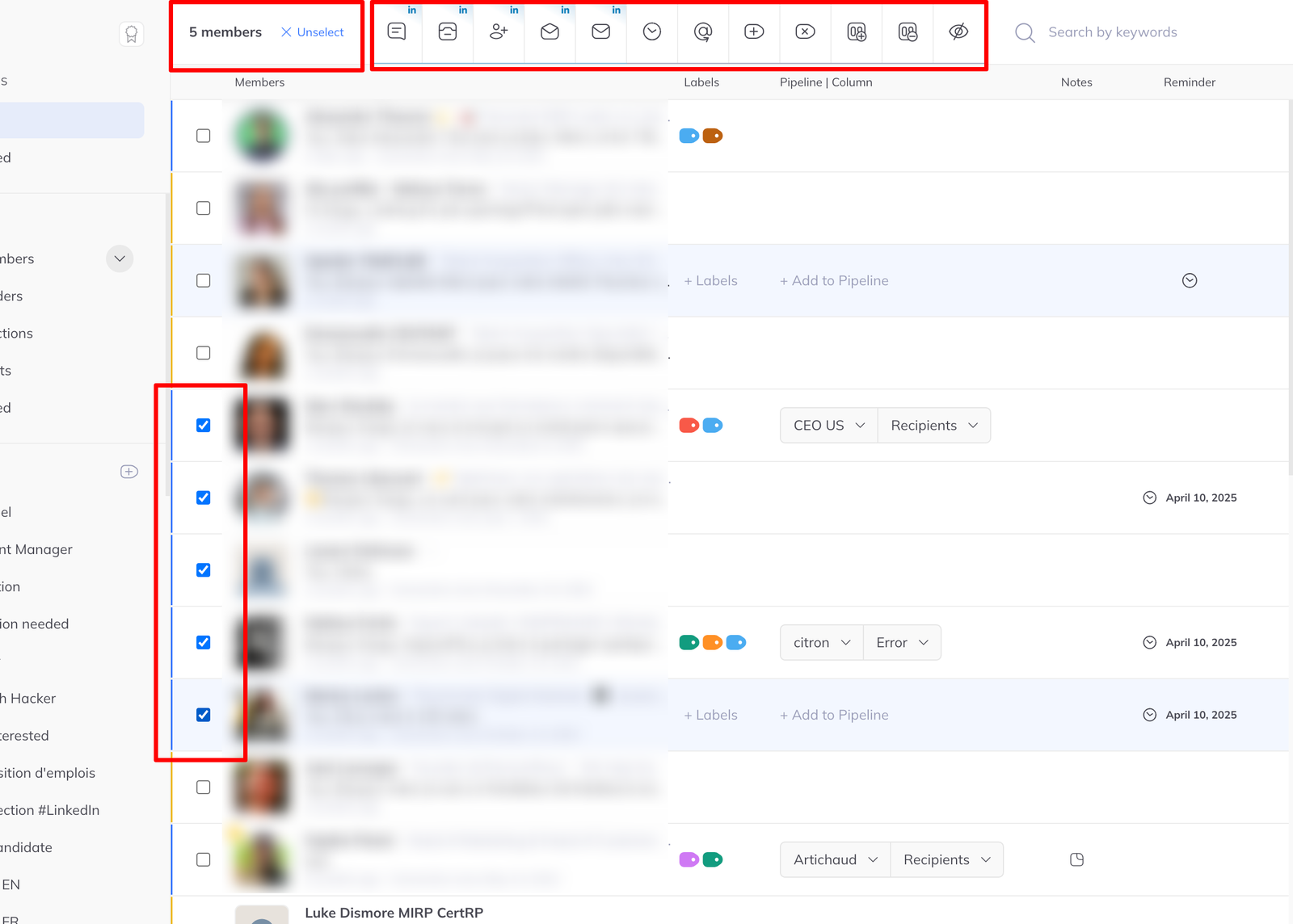 The inbox with five members ticked, an Unselect control showing the count, and the action toolbar occupying the space where the search bar was.