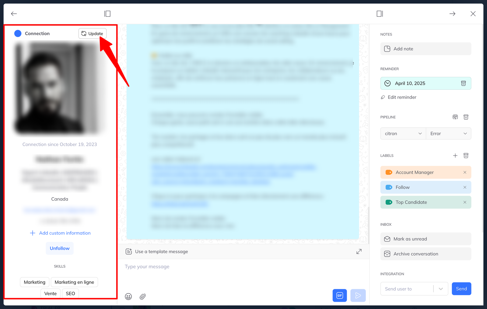 A member profile panel with an Update control at the top, alongside notes, reminder, pipeline and label sections.