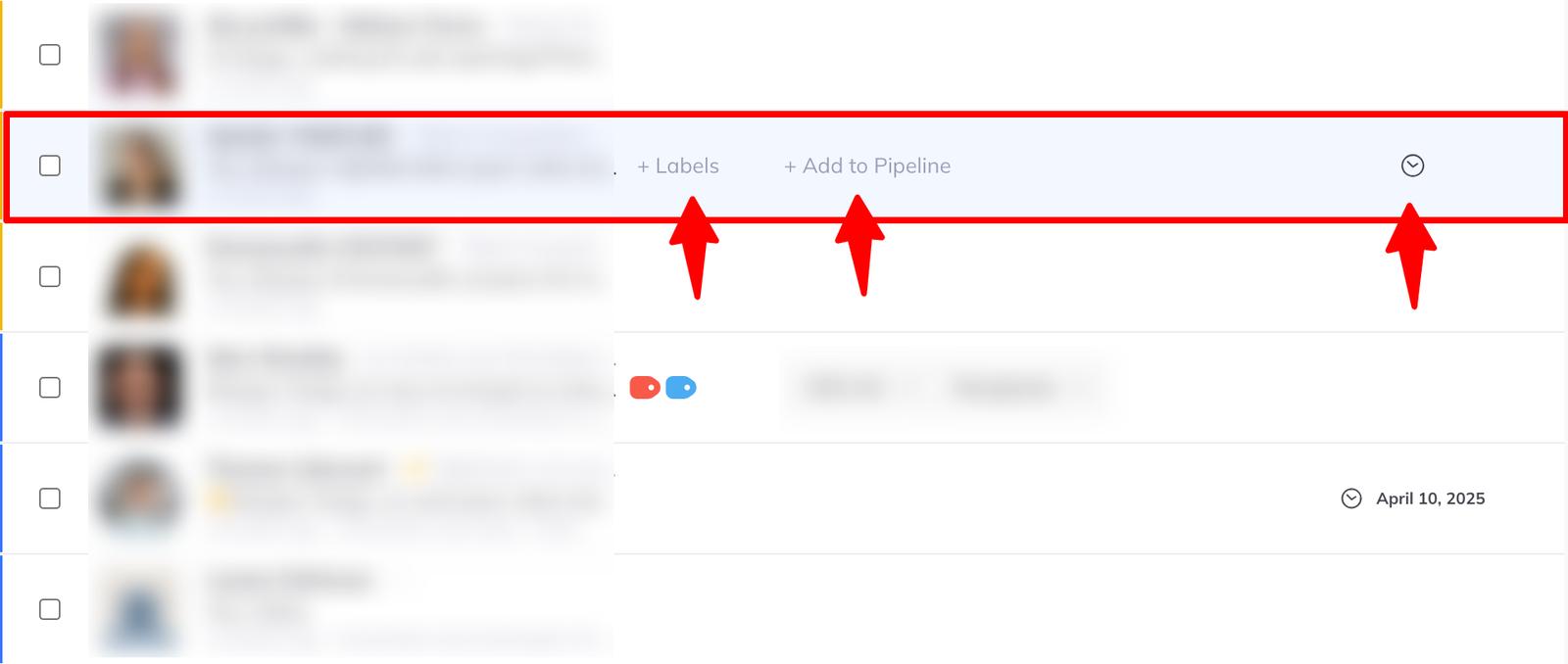 An inbox row with Labels, Add to Pipeline and a reminder control revealed along it.