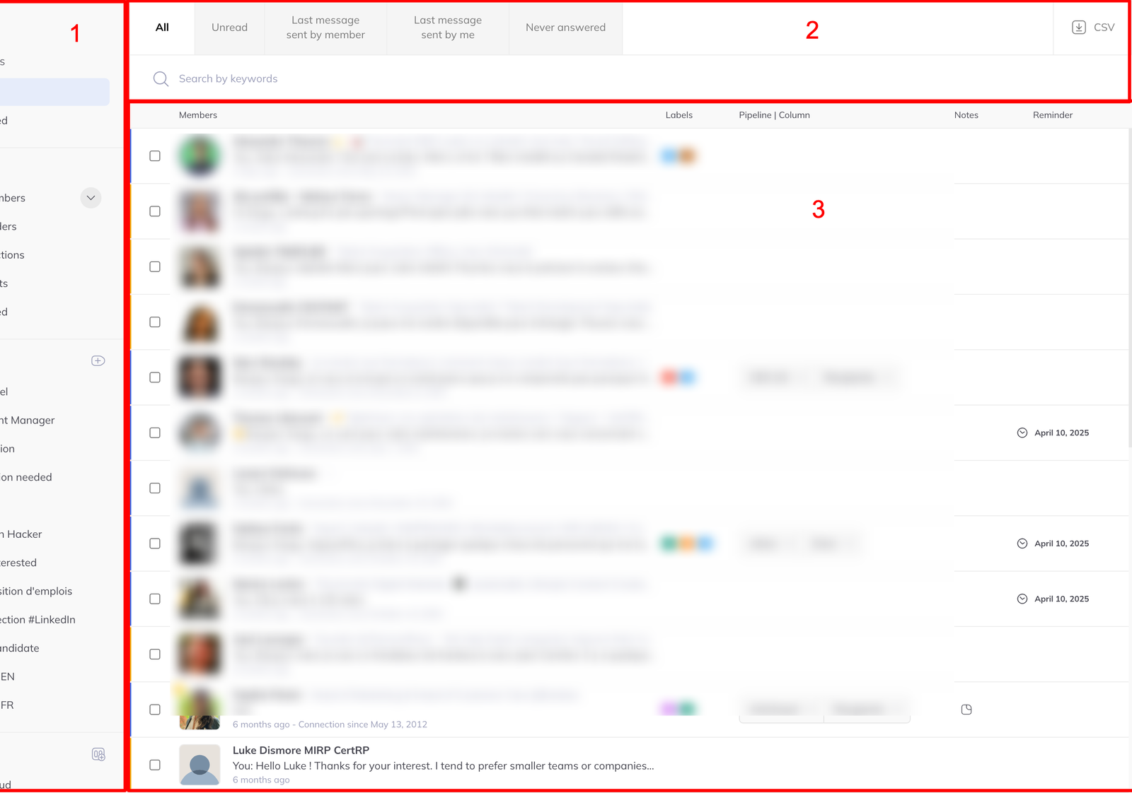 The inbox in full, with the smart filter row across the top, the search field beneath it, and the member list with columns for labels, pipeline, notes and reminder.