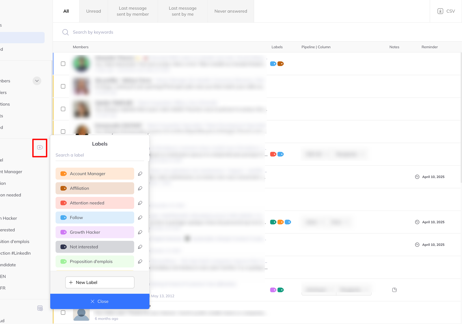 The inbox sidebar listing custom labels including Account Manager, Attention needed, Growth Hacker and Top Candidate, each with its own colour.