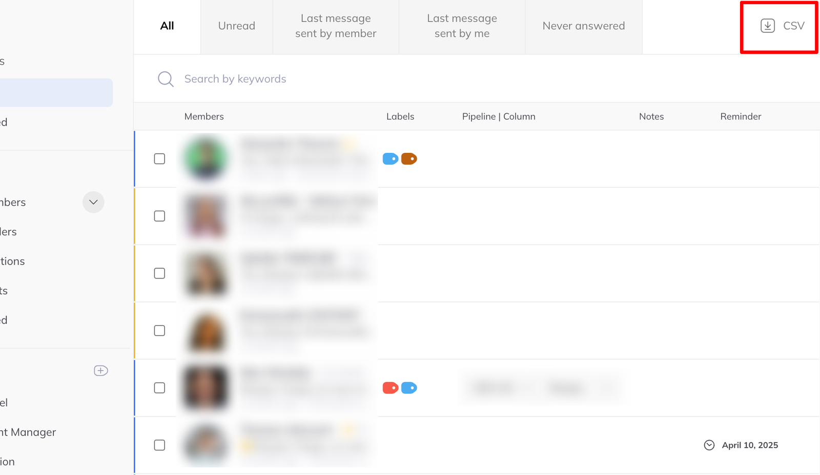 The inbox header with a CSV export control at the right-hand end of the filter row.