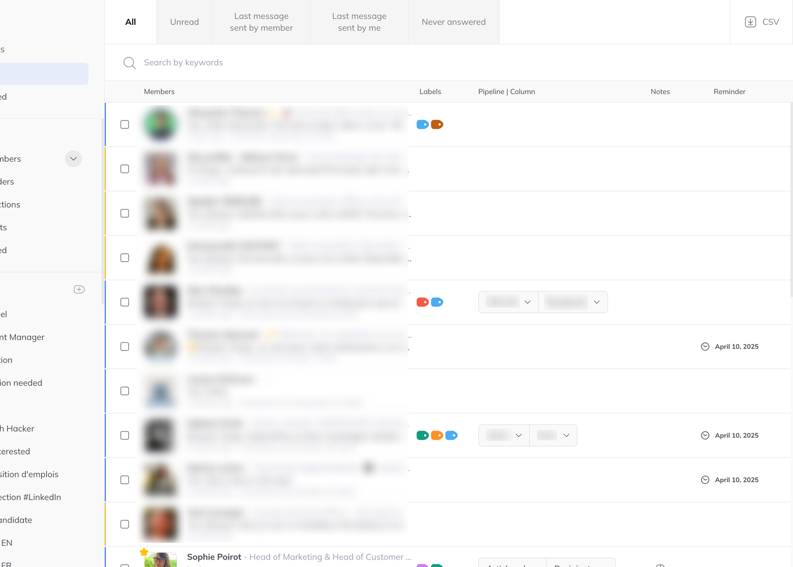 The inbox member list beside a sidebar of labels, each row showing a person with their labels, pipeline column, notes and reminder.