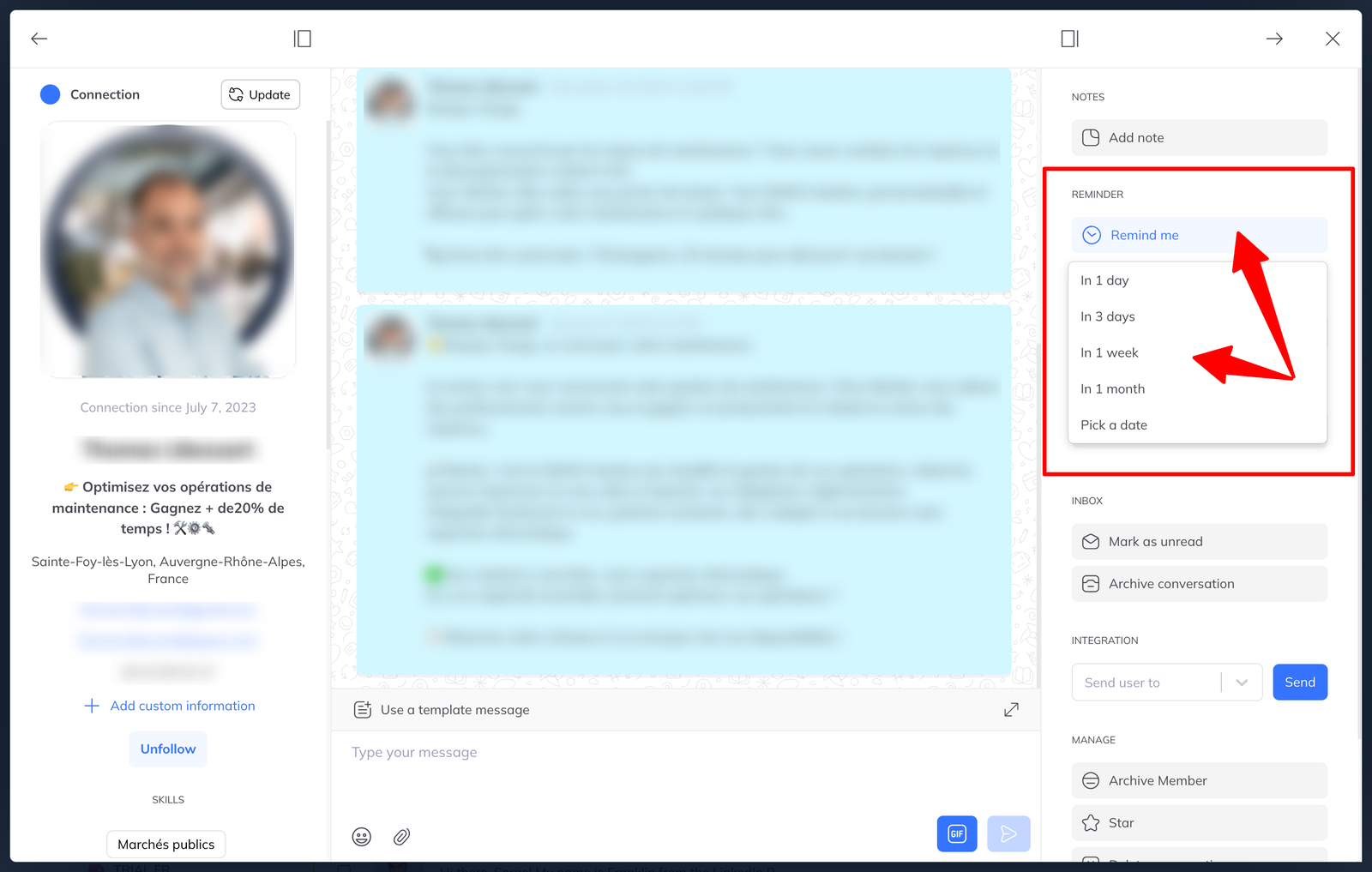 The same profile panel reminder control, reopened on a member who already has a reminder set.
