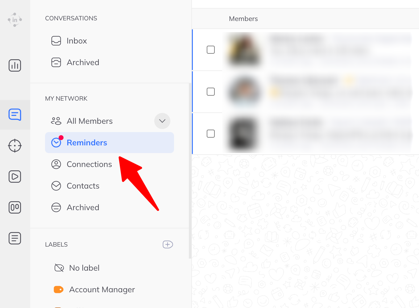 The inbox sidebar with a Reminders entry under My network, between All members and Connections.