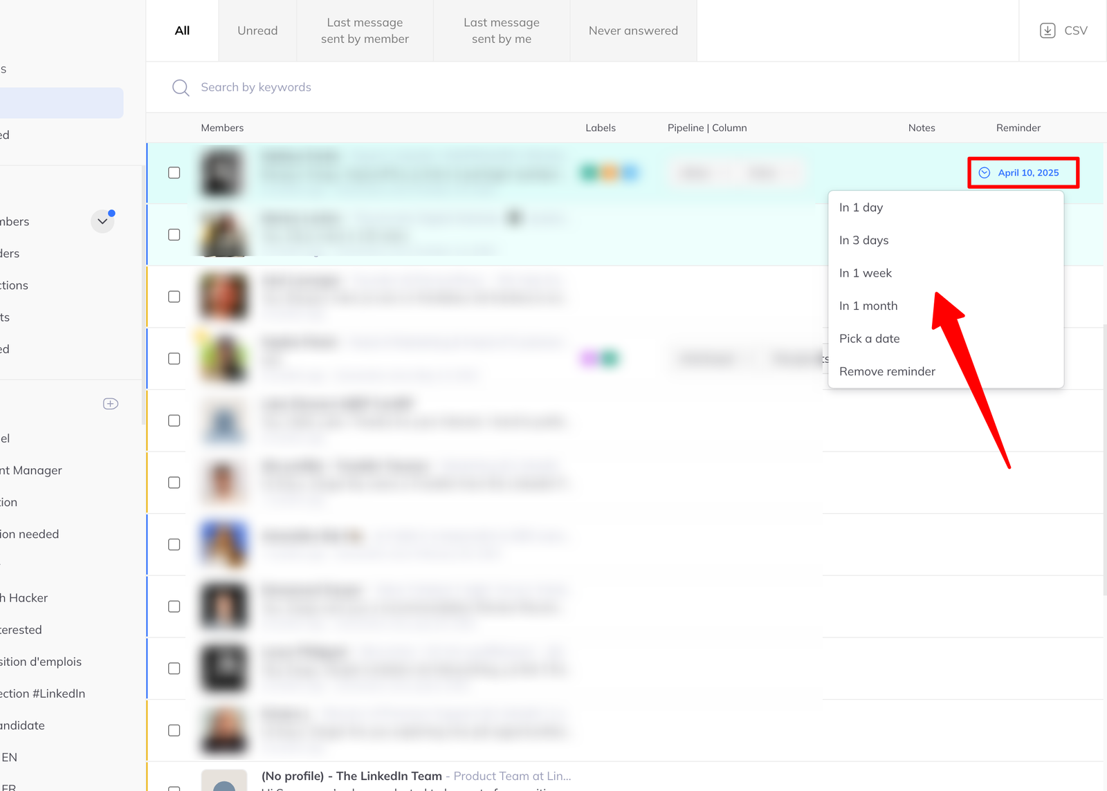 A reminder control expanded over a member row, offering In 1 day, In 3 days, In 1 week, In 1 month, Pick a date and Remove reminder.