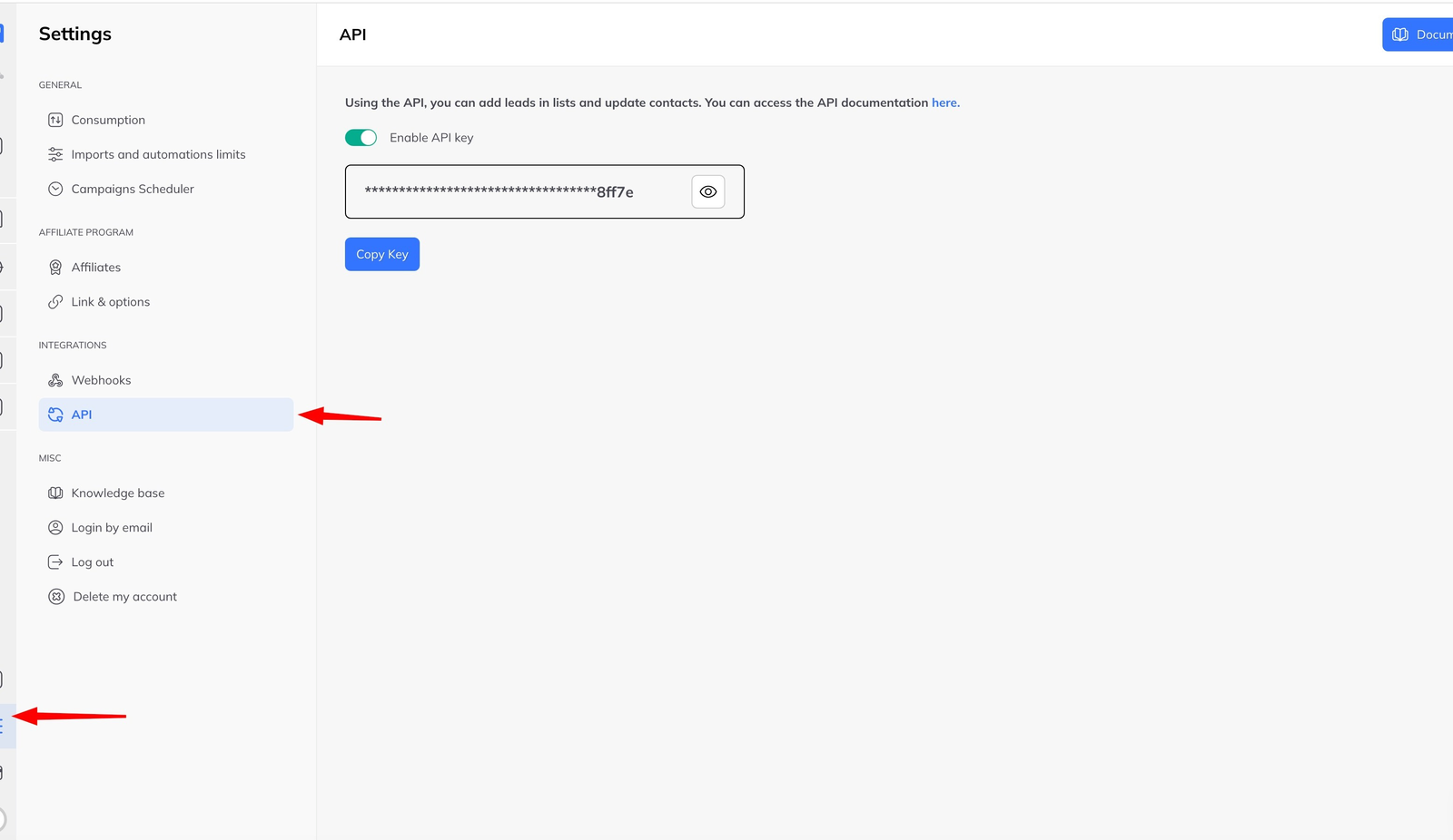 The API settings page with a toggle to enable the API key, the key itself masked, and a Copy API key button.