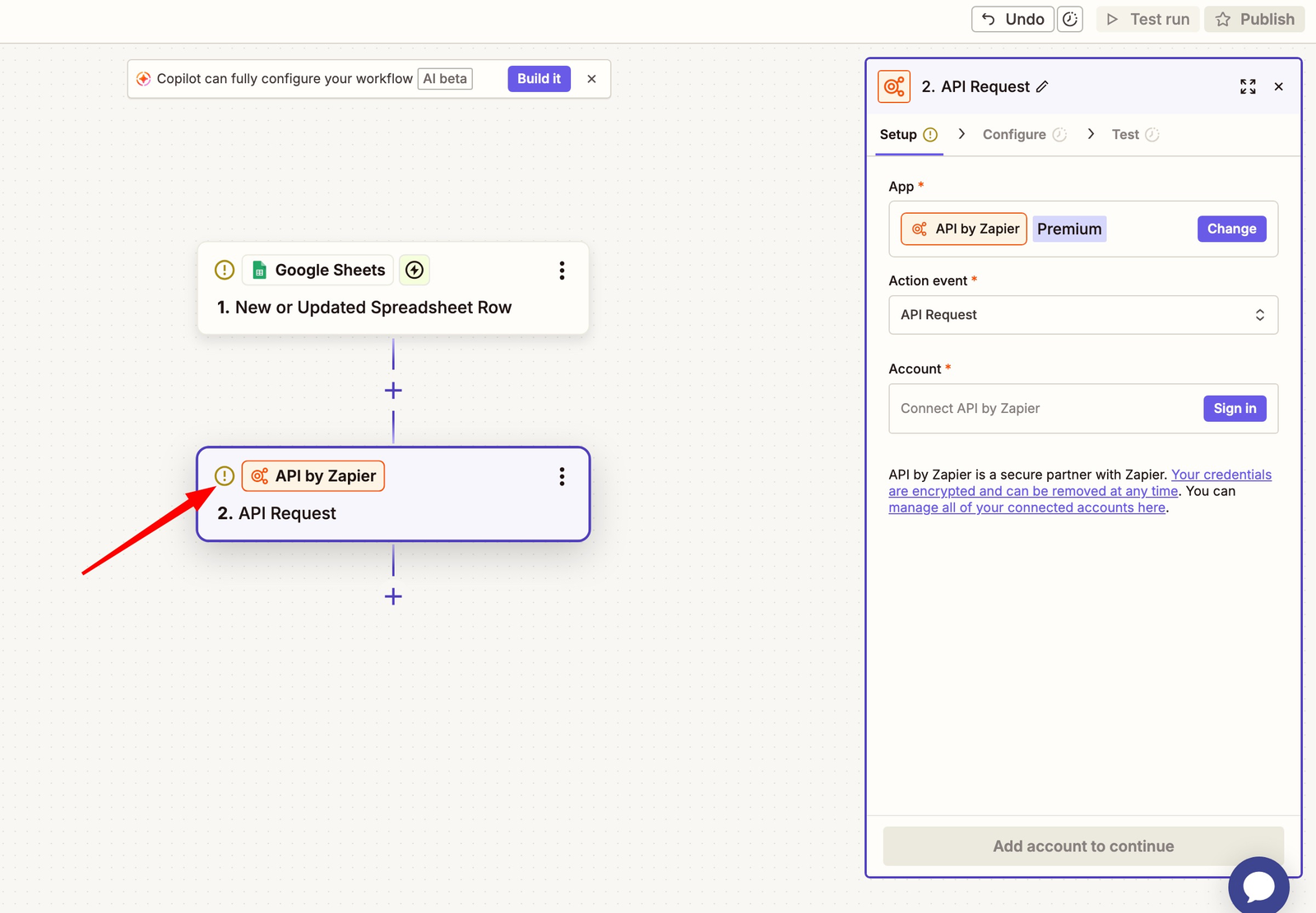 A Zap with a Google Sheets trigger followed by an API by Zapier request step, with its configuration panel open.