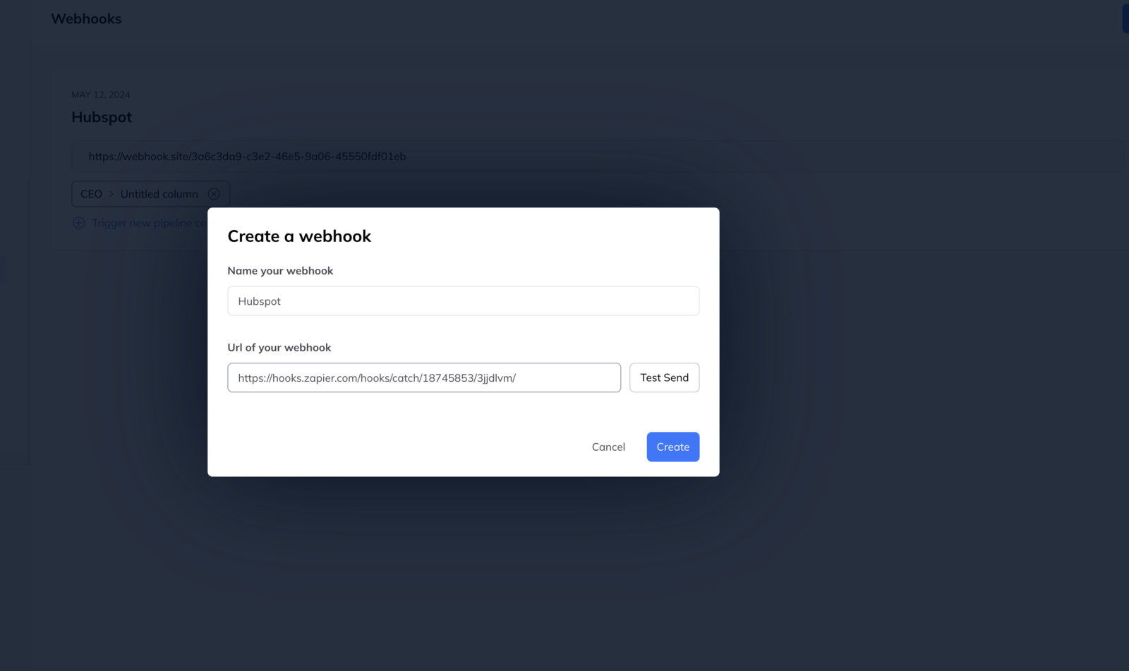 The create-a-webhook dialog with a name field reading Hubspot and a target URL, over the list of existing webhooks.