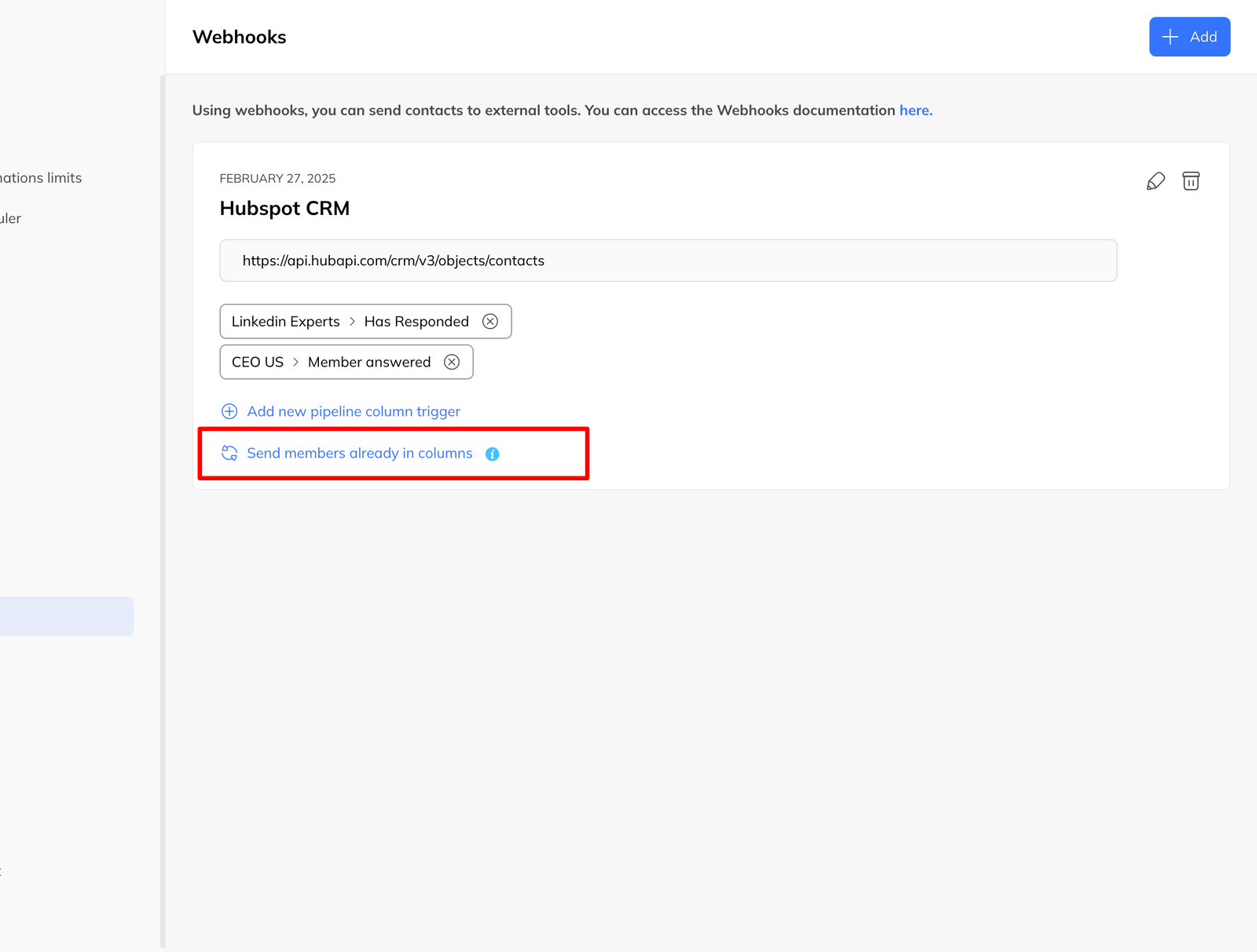 The same webhook now listing two column triggers, one for Linkedin Experts and one for CEO US.