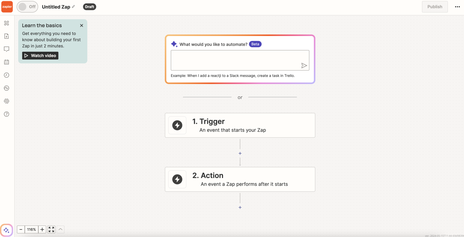 A new empty Zap in Zapier, showing the trigger and action steps waiting to be configured.