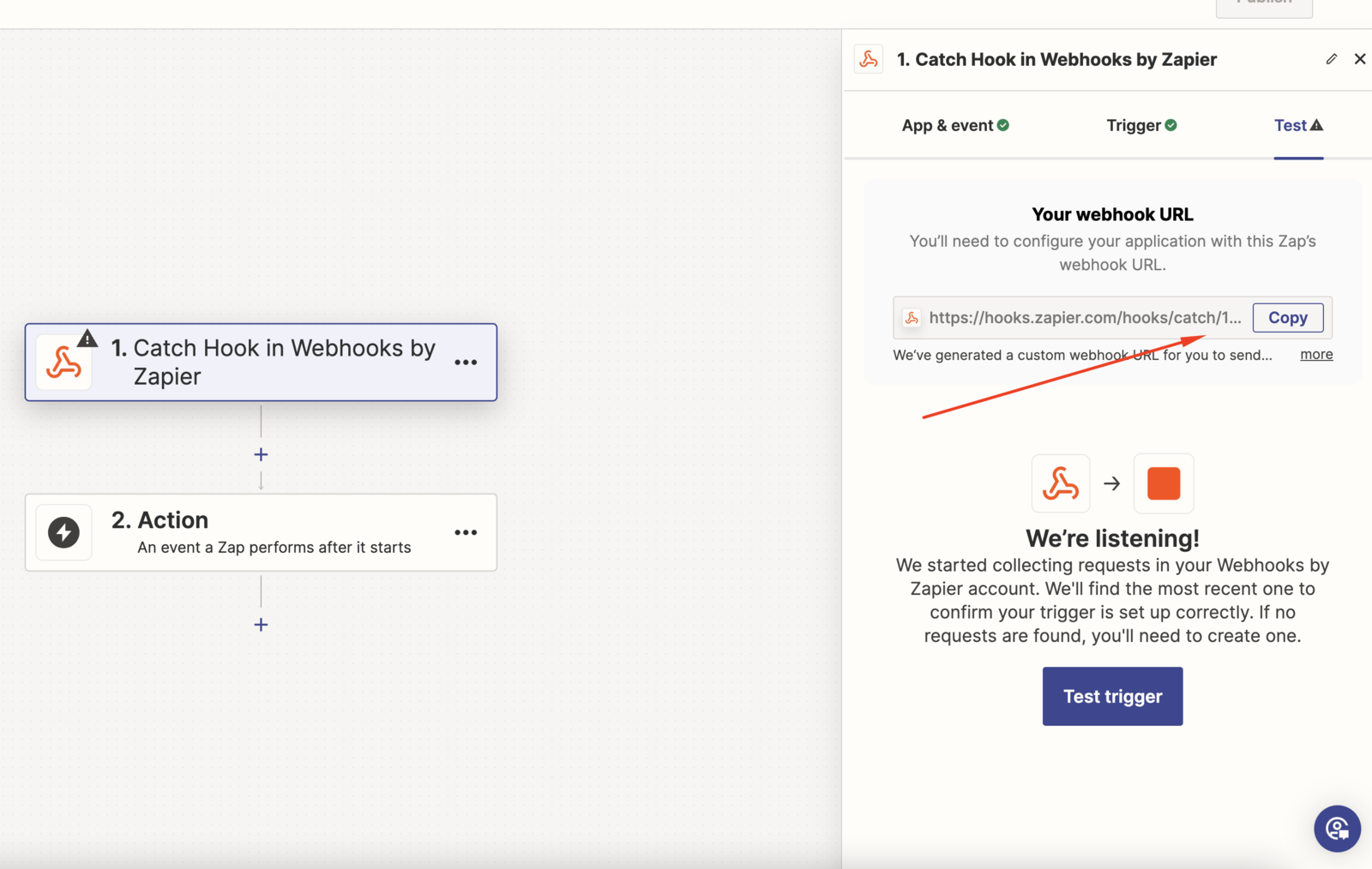 The Catch Hook trigger configured in Zapier, displaying the generated webhook URL with a Copy button.