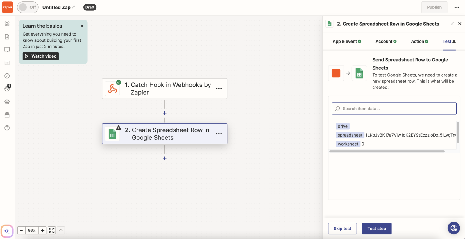 A completed Zap with a Catch Hook trigger followed by a Create Spreadsheet Row in Google Sheets action.