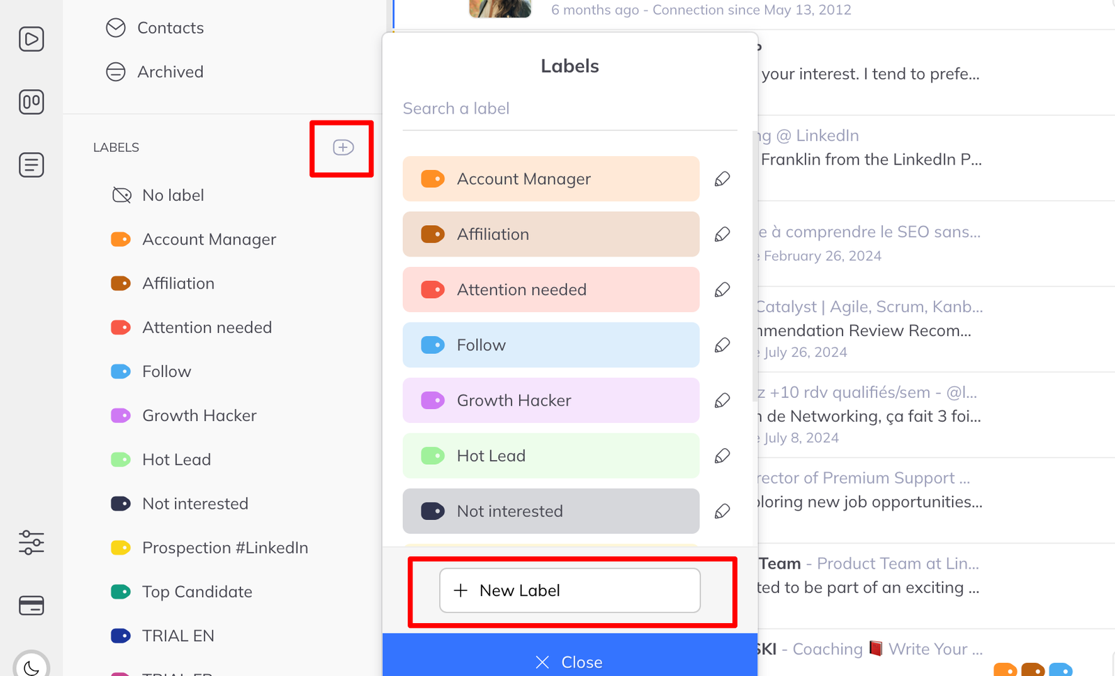 The label panel open in the left sidebar, listing existing labels such as Account Manager, Follow and Hot Lead.