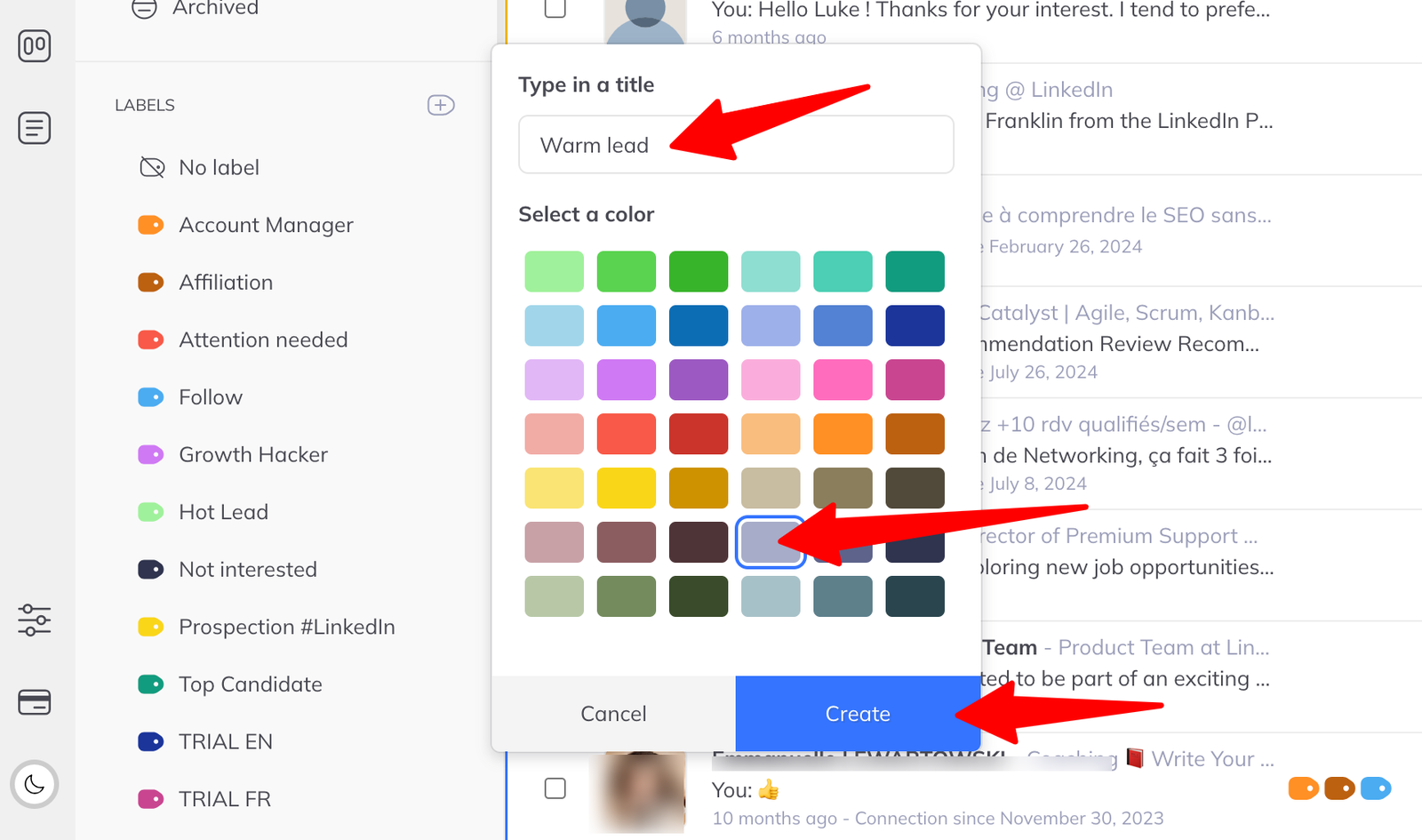 The new-label dialog with a title field and a grid of colour swatches.