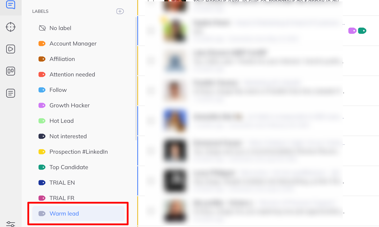 The label list with a newly created label named Warm lead at the bottom.