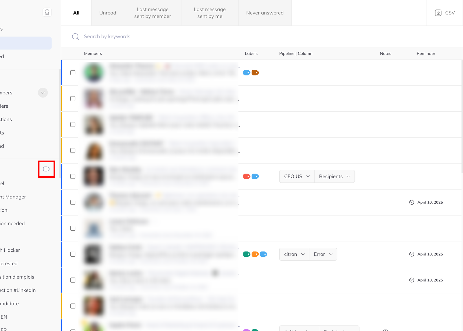 The inbox sidebar with the labels section listing existing labels, each with a coloured dot.
