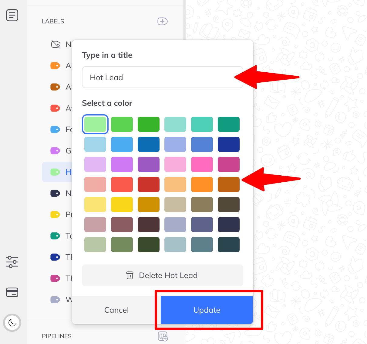 The label editing dialog showing a title field, a colour grid, and Delete, Cancel and Update buttons.