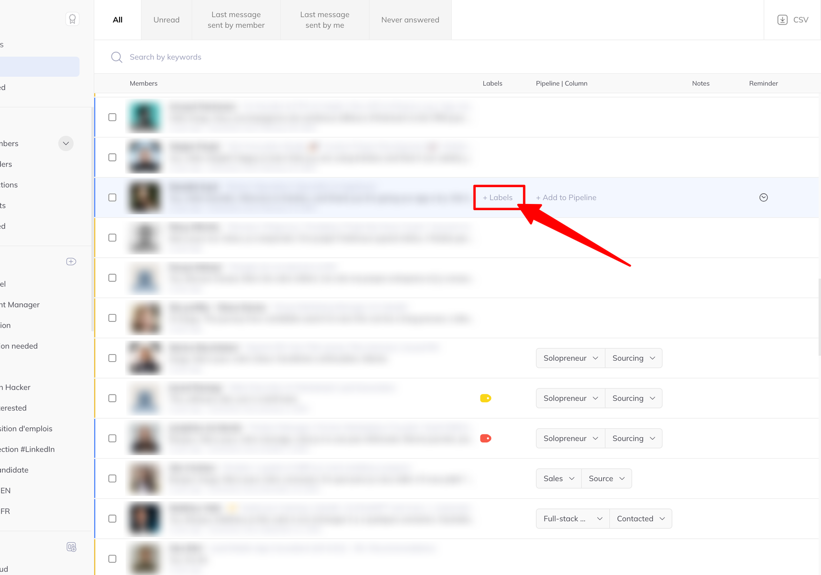 An inbox row with a Labels control revealed along it on hover.