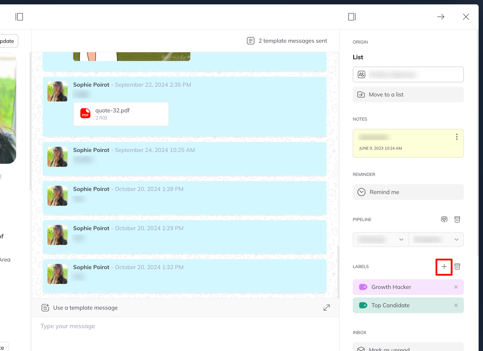 A conversation with a right-hand panel showing origin, notes, reminder, pipeline and a labels section listing Growth Hacker and Top Candidate.