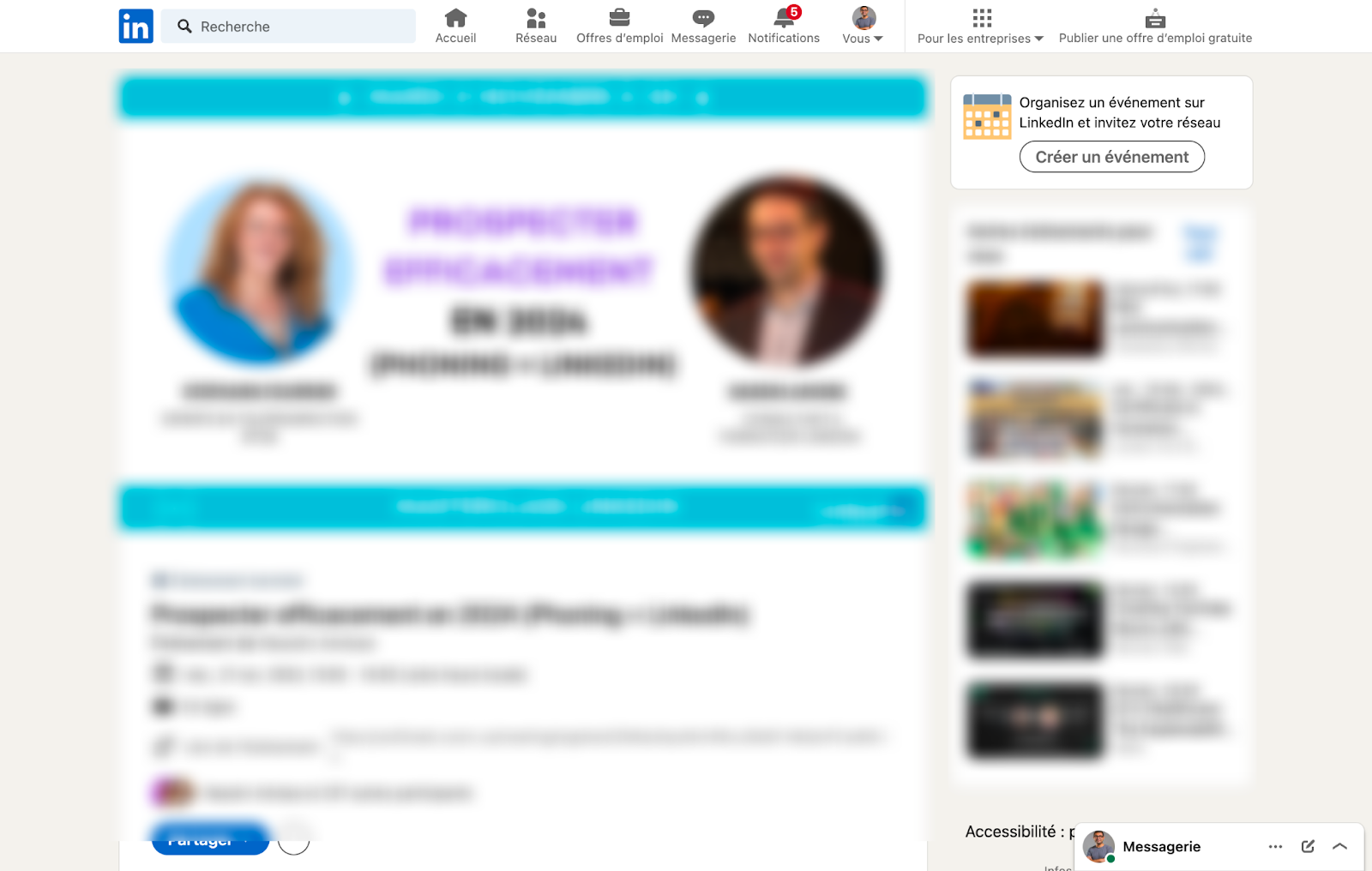 A LinkedIn page showing an events panel with a Create an event button.