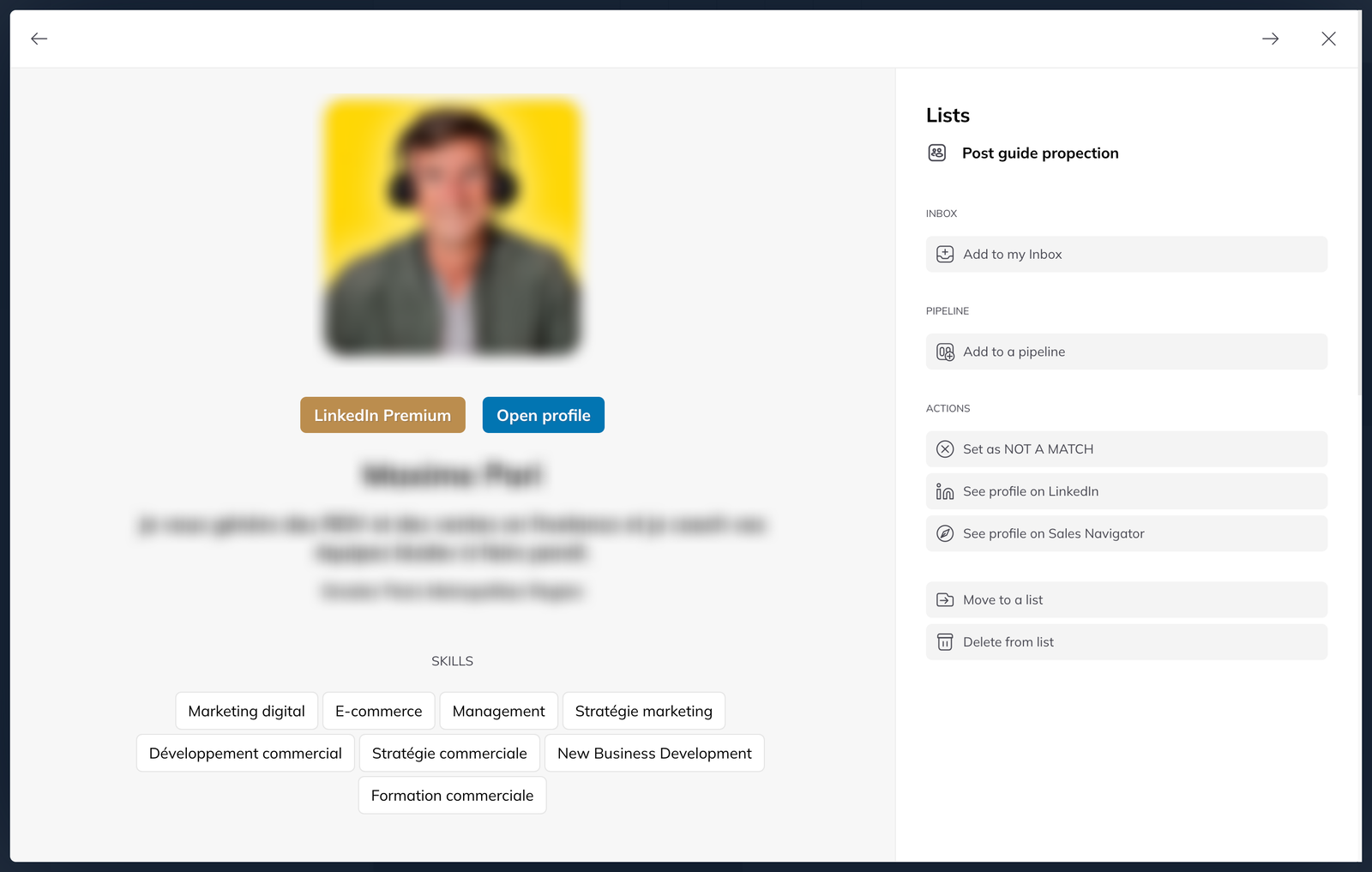A lead's detail panel showing their skills, the lists they belong to, and controls to add them to the inbox or a pipeline.