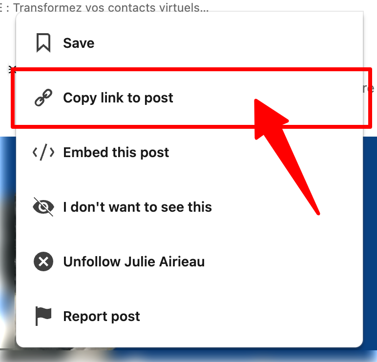 The overflow menu on a LinkedIn post, offering Save, Copy link to post, Embed this post and other options.