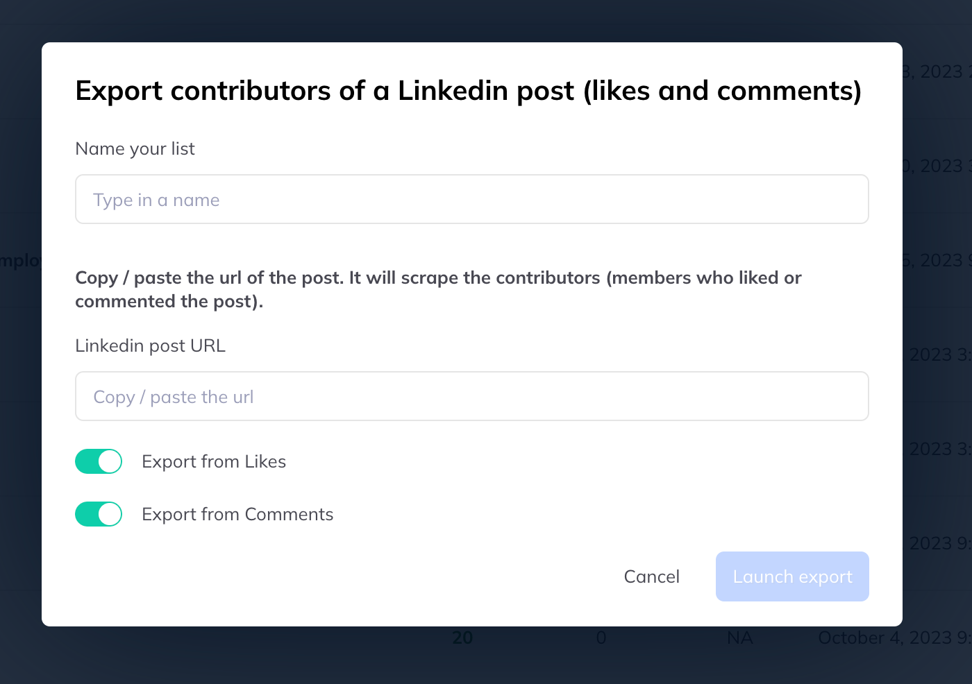 A dialog headed Export contributors of a Linkedin post, with a list name field, a post URL field, and toggles for Export from Likes and Export from Comments.
