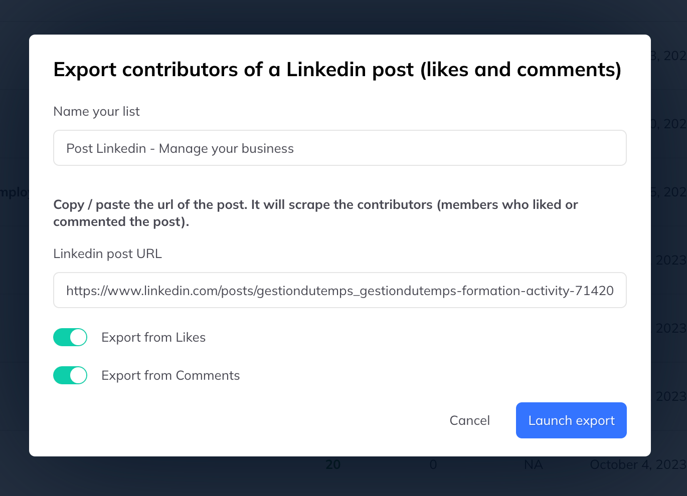 The same dialog filled in with a list name and a LinkedIn post URL.