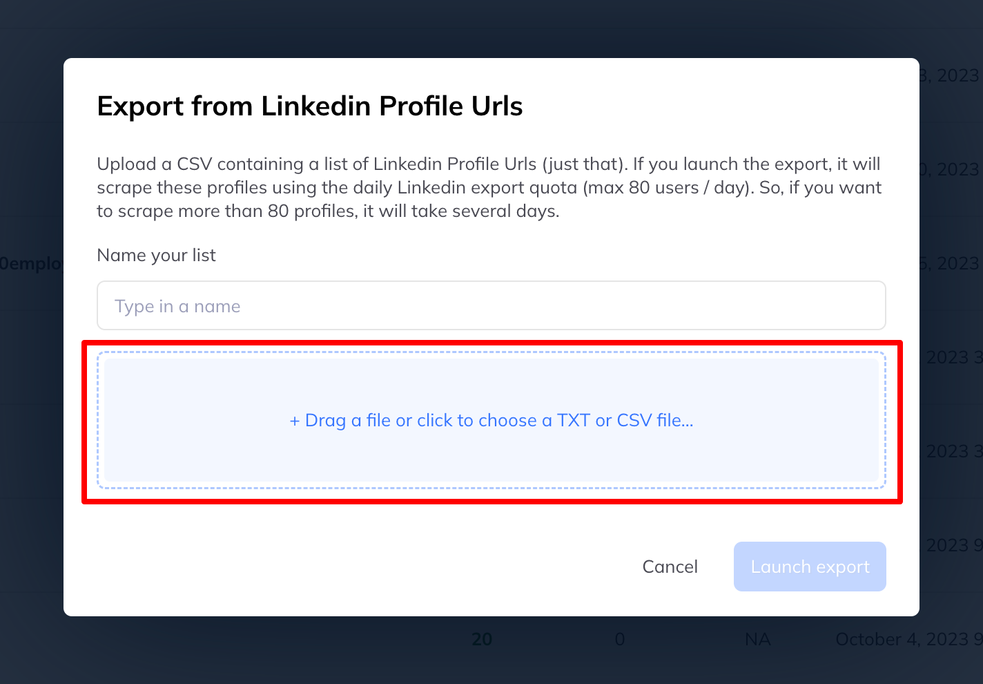 A dialog headed Export from Linkedin Profile Urls explaining the 80 profiles a day quota, with a drag-and-drop area for a TXT or CSV file.