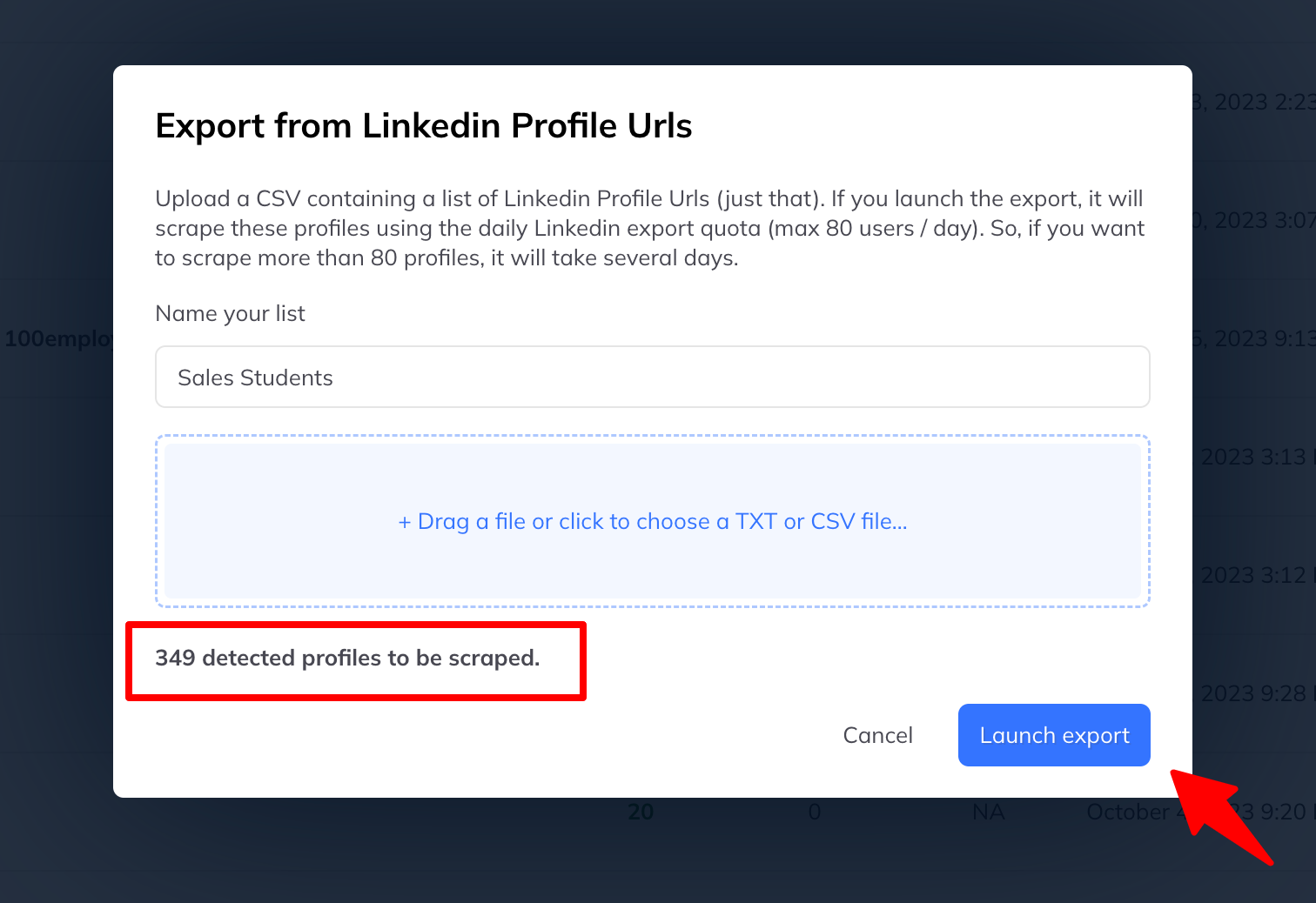 The same dialog after a file is chosen, reporting 349 detected profiles to be scraped.