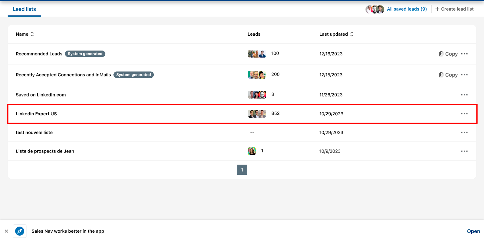 The Sales Navigator lead lists screen showing saved lists with their lead counts and last updated dates.