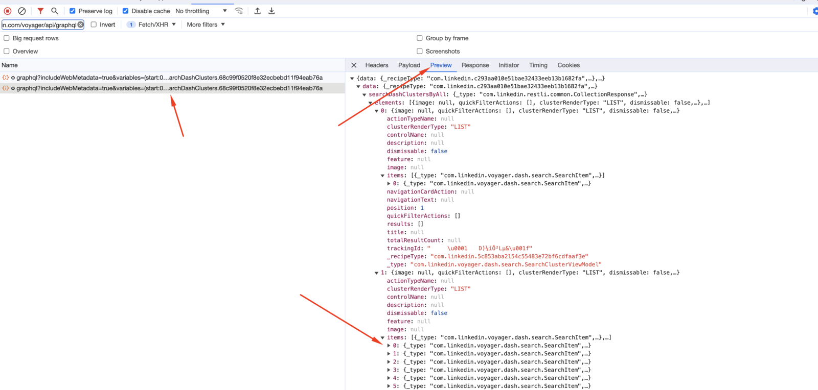 Browser developer tools on the Network tab, filtered to voyager api graphql requests, with the response pane open.