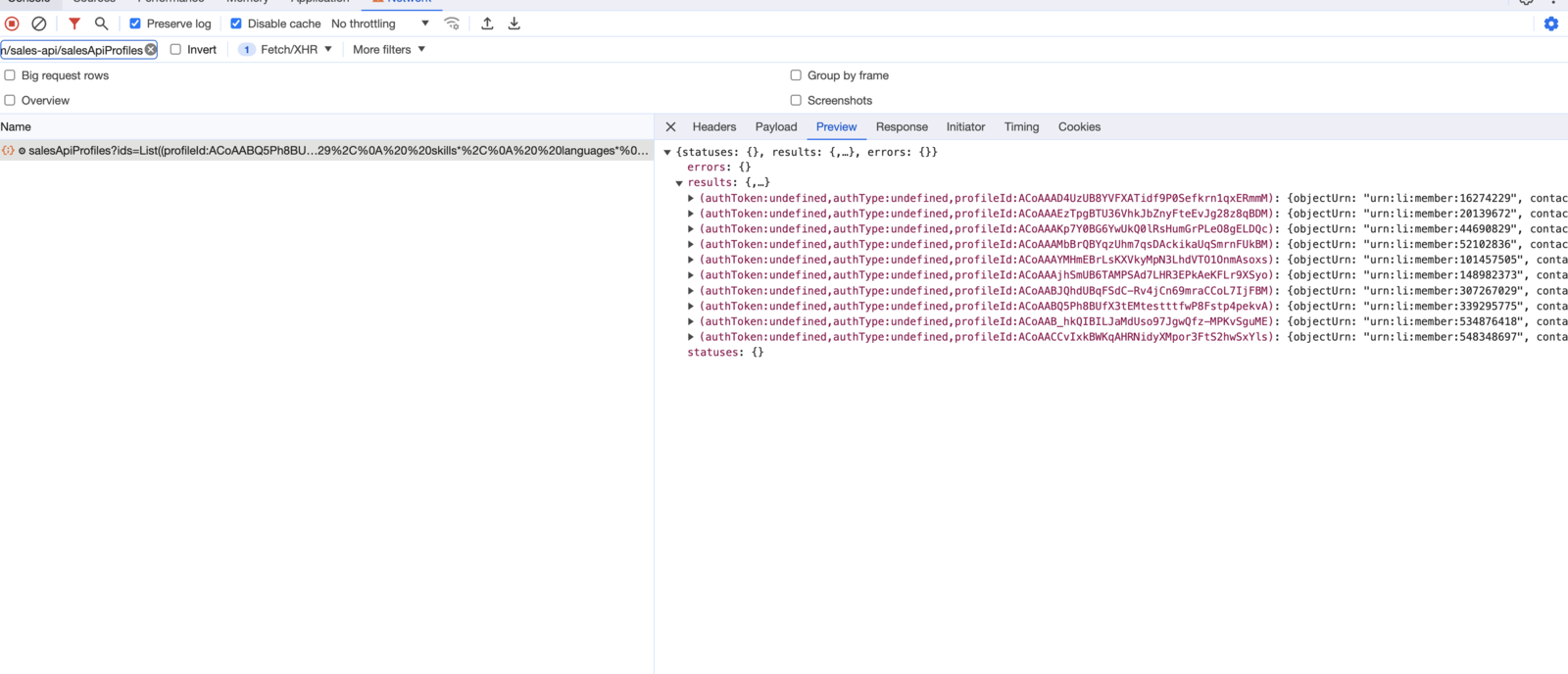 Developer tools filtered to sales-api salesApiProfiles requests, with the response pane open.