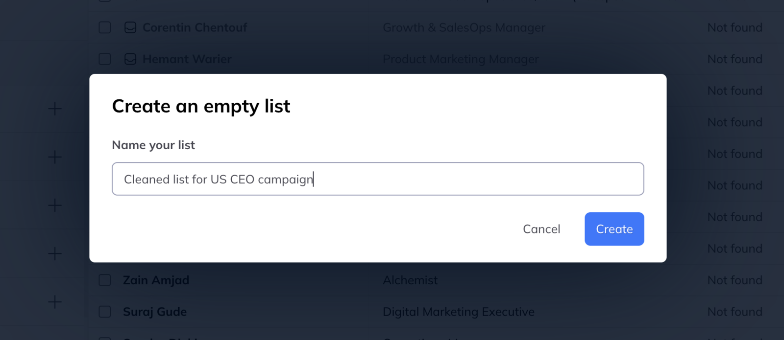 A dialog headed Create an empty list with a name field, over a list of leads.