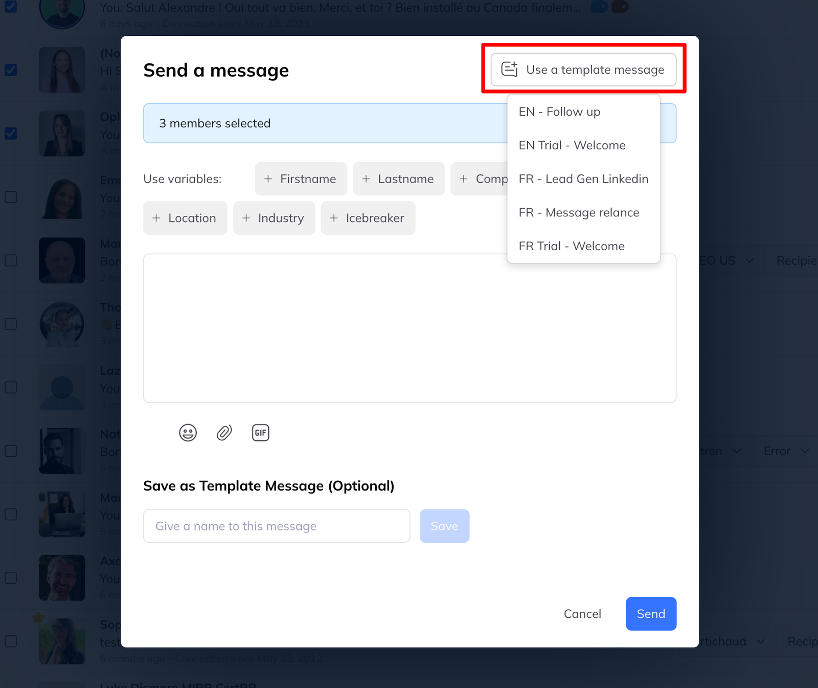 A Send a message window for three selected members, with a Use a template message control open and listing saved templates.