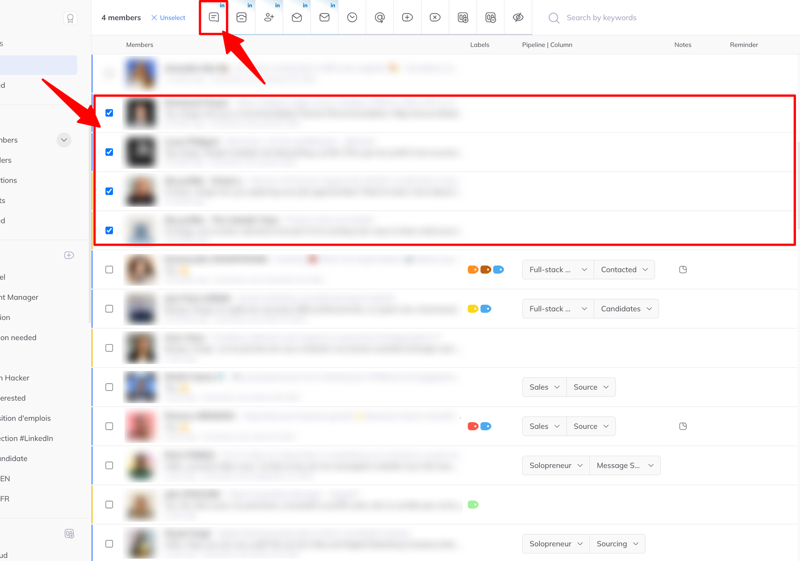 The inbox with four members selected and the batch action toolbar above the list.