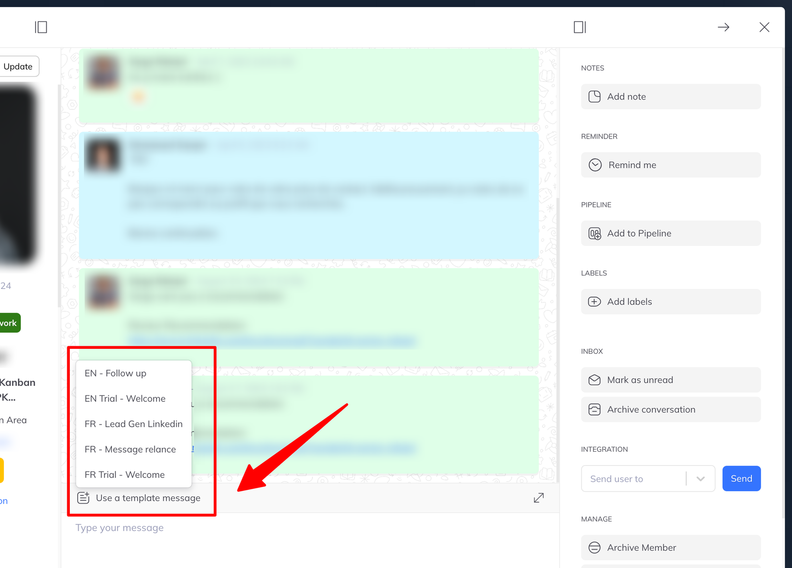 A conversation's right-hand panel with notes, reminder, pipeline and label sections above the message composer.